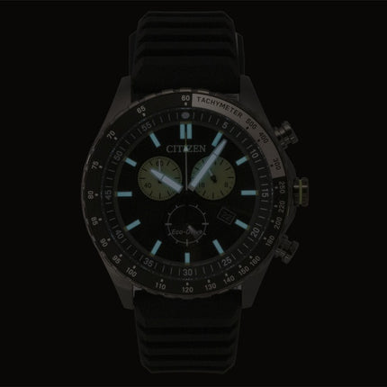 Citizen Eco-Drive Chronograph Herrenuhr mit Silikonarmband, schwarzem Zifferblatt, Solarbetrieb, AT2565-05E, wasserdicht bis 100 m