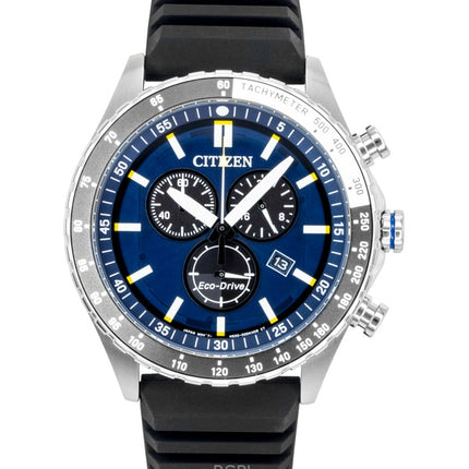 Citizen Eco-Drive Chronograph Herrenuhr mit Silikonarmband, blauem Zifferblatt, Modell AT2569-04L, wasserdicht bis 100 m