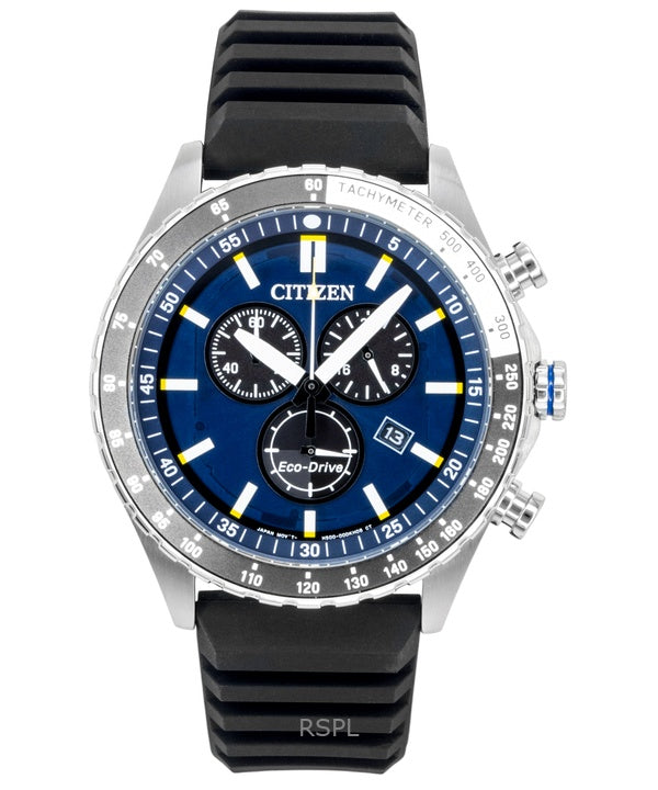 Citizen Eco-Drive Chronograph Herrenuhr mit Silikonarmband, blauem Zifferblatt, Modell AT2569-04L, wasserdicht bis 100 m
