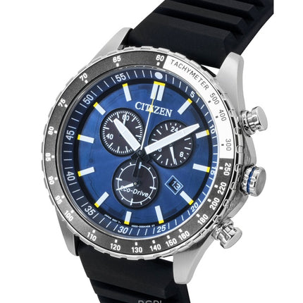 Citizen Eco-Drive Chronograph Herrenuhr mit Silikonarmband, blauem Zifferblatt, Modell AT2569-04L, wasserdicht bis 100 m