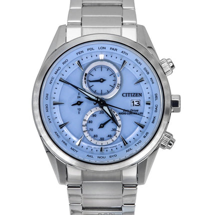Citizen Eco-Drive Chronograph Funkuhr Edelstahl Eisblaues Zifferblatt AT8260-85M 100M Herrenuhr
