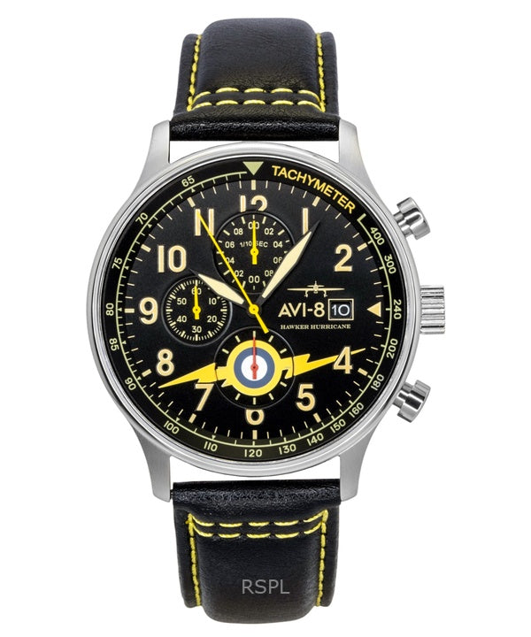AVI-8 Hawker Hurricane Classic Chronograph Herrenuhr mit Lederarmband, schwarzem Zifferblatt und Quarzwerk (AV-4011-0Z) inklusive zusätzlichem Armband