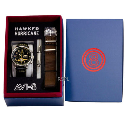 AVI-8 Hawker Hurricane Classic Chronograph Herrenuhr mit Lederarmband, schwarzem Zifferblatt und Quarzwerk (AV-4011-0Z) inklusive zusätzlichem Armband