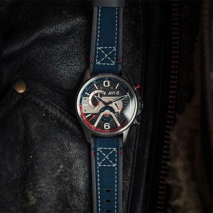 AVI-8 Hawker Harrier Dual Retrograde Chronograph Admiral Schwarzer Stahl Schwarzes Zifferblatt Quarz AV-4056-09 Herrenuhr