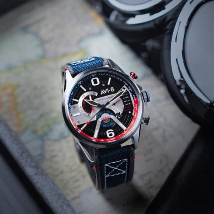 AVI-8 Hawker Harrier Dual Retrograde Chronograph Admiral Schwarzer Stahl Schwarzes Zifferblatt Quarz AV-4056-09 Herrenuhr