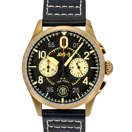 AVI-8 Spitfire Lock Chronograph Herrenuhr mit schwarzem Lederarmband, schwarzem Zifferblatt und Quarzwerk (AV-4089-07)