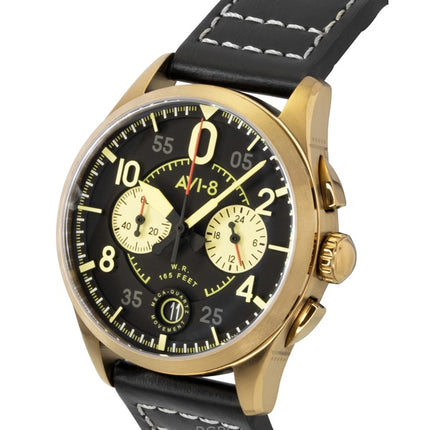 AVI-8 Spitfire Lock Chronograph Herrenuhr mit schwarzem Lederarmband, schwarzem Zifferblatt und Quarzwerk (AV-4089-07)