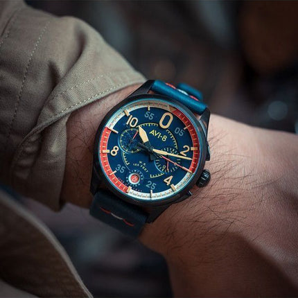 AVI-8 Spitfire P8331 Laguna Chronograph Limited Edition Sumatra Blaues Zifferblatt Quarz AV-4105-01 Herrenuhr
