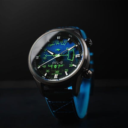 AVI-8 Hawker Harrier HUD Lederarmband Farbverlauf Blaues Zifferblatt Automatik AV-4117-01 Herrenuhr