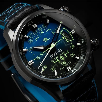 AVI-8 Hawker Harrier HUD Lederarmband Farbverlauf Blaues Zifferblatt Automatik AV-4117-01 Herrenuhr
