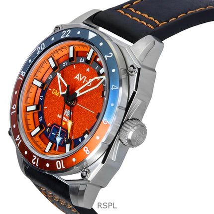AVI-8 Hawker Hunter Atlas GMT orangerotes Lederarmband orangefarbenes Zifferblatt Automatik AV-4122-06 Herrenuhr