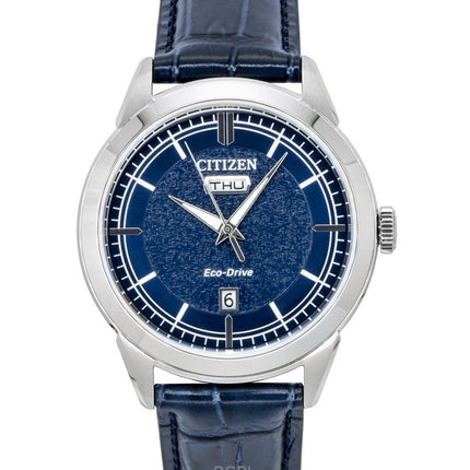 Citizen Eco-Drive Herrenuhr mit Lederarmband, blauem Zifferblatt, Modell AW0151-00L, wasserdicht bis 100 m