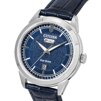 Citizen Eco-Drive Herrenuhr mit Lederarmband, blauem Zifferblatt, Modell AW0151-00L, wasserdicht bis 100 m
