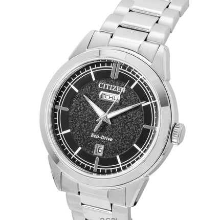 Citizen Eco-Drive Herrenuhr aus Edelstahl mit schwarzem Zifferblatt, Modell AW0151-85E, wasserdicht bis 100 m