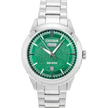 Citizen Eco-Drive Herrenuhr aus Edelstahl mit grünem Zifferblatt, Modell AW0151-85X, wasserdicht bis 100 m