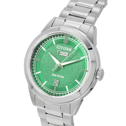 Citizen Eco-Drive Herrenuhr aus Edelstahl mit grünem Zifferblatt, Modell AW0151-85X, wasserdicht bis 100 m