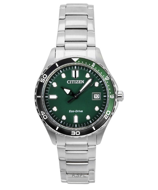 Citizen Eco-Drive Unisex-Armbanduhr, Edelstahl, grünes Zifferblatt, AW1828-80X, 100 M