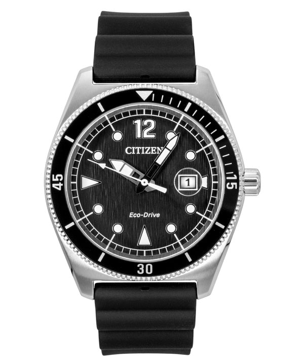 Citizen Eco-Drive Herrenuhr mit schwarzem Kautschukarmband, schwarzem Zifferblatt, Solarfunktion, Modell AW1889-00E, wasserdicht bis 100 m