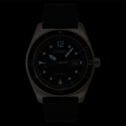 Citizen Eco-Drive Herrenuhr mit schwarzem Kautschukarmband, schwarzem Zifferblatt, Solarfunktion, Modell AW1889-00E, wasserdicht bis 100 m