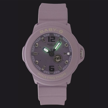 Casio Baby-G Plus Damenuhr, analog, aus Kunstharz, lila Zifferblatt, Quarzwerk, BGA-15K-6A, wasserdicht bis 100 m, mit verstellbarem Uhrenhalter