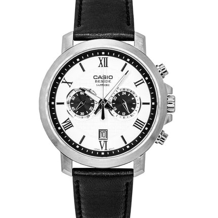 Casio Beside Chronograph Analog Herrenuhr mit Lederarmband, weißem Zifferblatt und Quarzwerk (BMS-500L-7A)