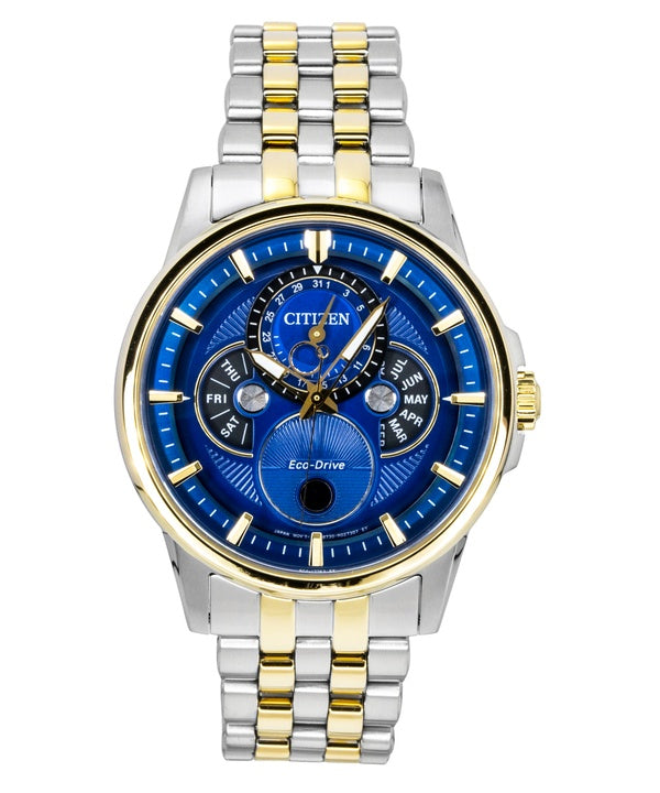 Citizen Kalender Mondphase Zweifarbig Edelstahl Blaues Zifferblatt Eco-Drive BU0054-52L 100M Herrenuhr
