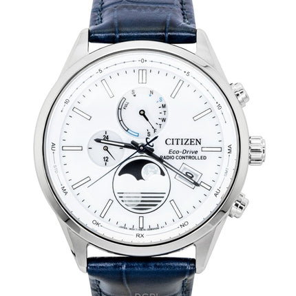 Citizen Eco-Drive Funkgesteuerte Herrenuhr mit Lederarmband, weißem Zifferblatt, Modell BY1030-09A, wasserdicht bis 100 m