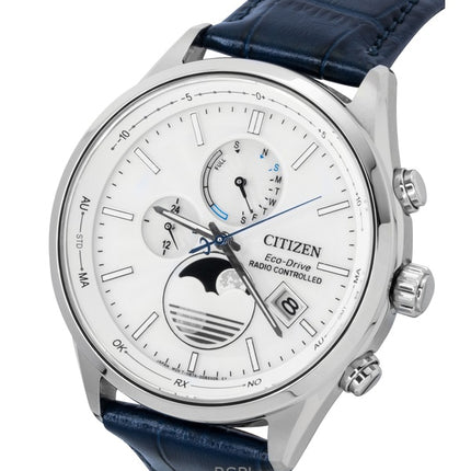 Citizen Eco-Drive Funkgesteuerte Herrenuhr mit Lederarmband, weißem Zifferblatt, Modell BY1030-09A, wasserdicht bis 100 m