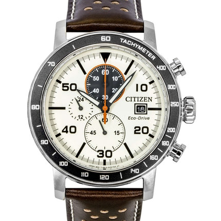 Citizen Brycen Chronograph, braunes Lederarmband, elfenbeinfarbenes Zifferblatt, Eco-Drive, CA0649-06X, 100 m wasserdicht, Herrenuhr