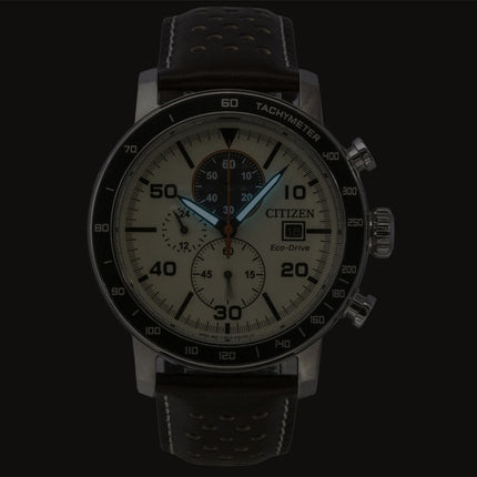 Citizen Brycen Chronograph, braunes Lederarmband, elfenbeinfarbenes Zifferblatt, Eco-Drive, CA0649-06X, 100 m wasserdicht, Herrenuhr