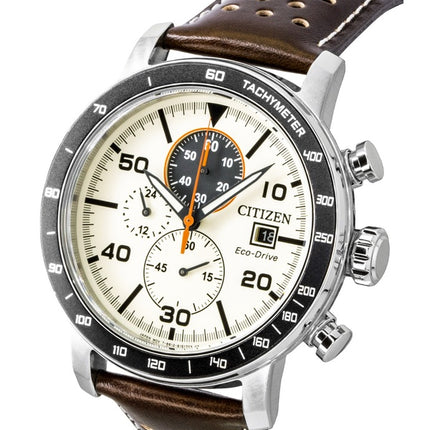 Citizen Brycen Chronograph, braunes Lederarmband, elfenbeinfarbenes Zifferblatt, Eco-Drive, CA0649-06X, 100 m wasserdicht, Herrenuhr