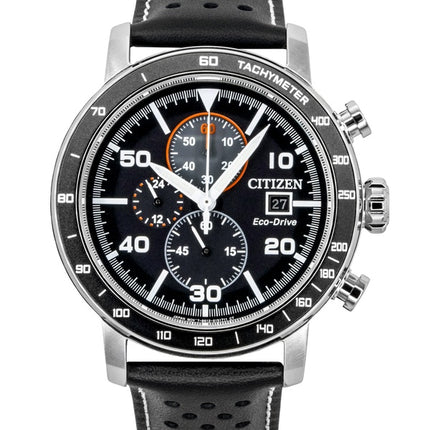 Citizen Brycen Chronograph Herrenuhr mit Lederarmband, schwarzem Zifferblatt und Eco-Drive-Antrieb, Modell CA0649-14E, wasserdicht bis 100 m