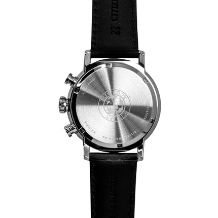 Citizen Brycen Chronograph Herrenuhr mit Lederarmband, schwarzem Zifferblatt und Eco-Drive-Antrieb, Modell CA0649-14E, wasserdicht bis 100 m