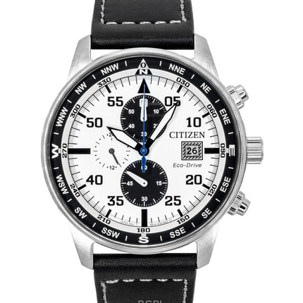 Citizen Eco-Drive Aviator Chronograph Herrenuhr mit Lederarmband und weißem Zifferblatt, Modell CA0880-07A, wasserdicht bis 100 m