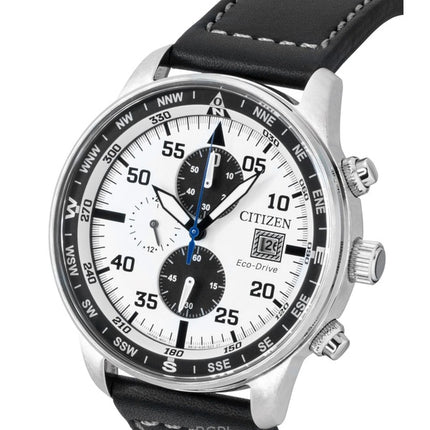 Citizen Eco-Drive Aviator Chronograph Herrenuhr mit Lederarmband und weißem Zifferblatt, Modell CA0880-07A, wasserdicht bis 100 m