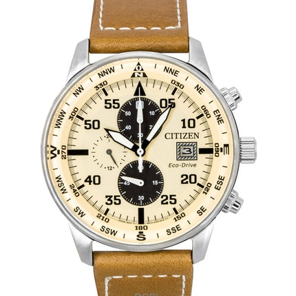 Citizen Eco-Drive Aviator Chronograph Herrenuhr mit Lederarmband, beigem Zifferblatt, Modell CA0880-15X, wasserdicht bis 100 m