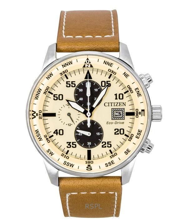 Citizen Eco-Drive Aviator Chronograph Herrenuhr mit Lederarmband, beigem Zifferblatt, Modell CA0880-15X, wasserdicht bis 100 m