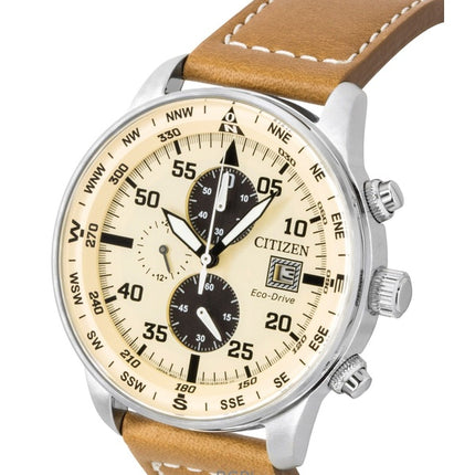Citizen Eco-Drive Aviator Chronograph Herrenuhr mit Lederarmband, beigem Zifferblatt, Modell CA0880-15X, wasserdicht bis 100 m