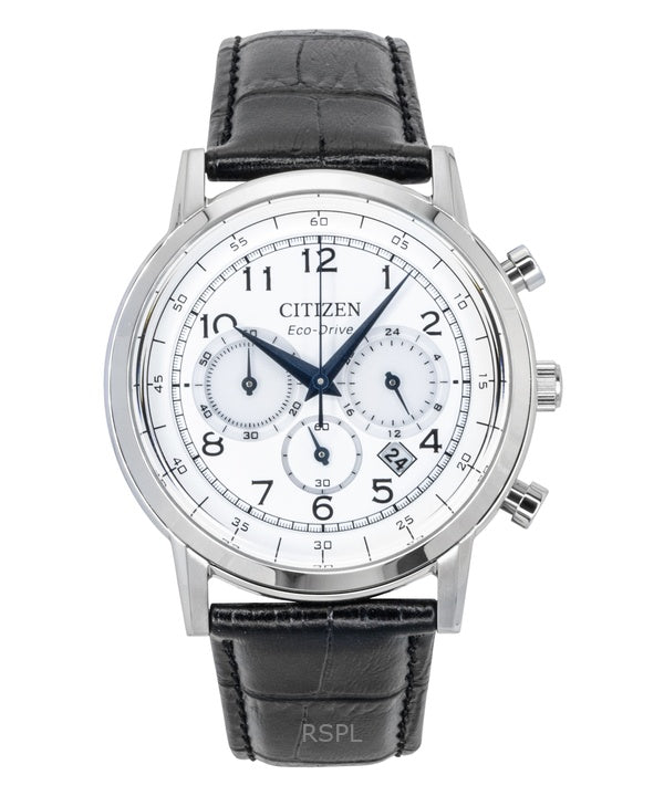 Citizen Eco-Drive Chronograph Herrenuhr mit Lederarmband und weißem Zifferblatt, Modell CA4630-02A