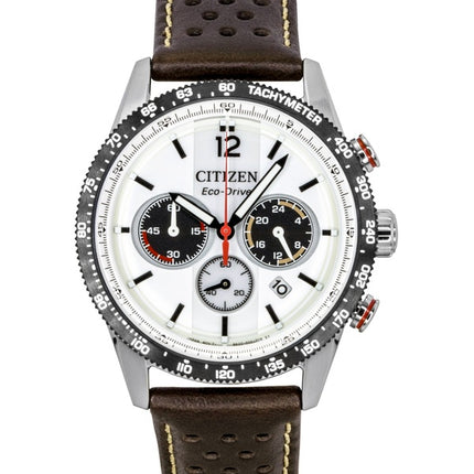 Citizen Eco-Drive Chronograph Analog Braunes Lederarmband Weißes Zifferblatt Solar CA4714-04A 100M Herrenuhr