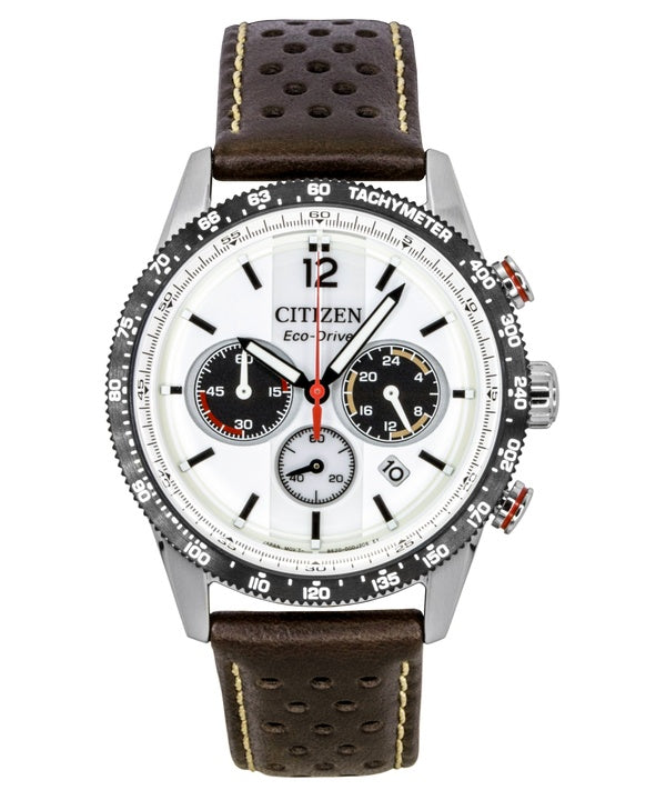 Citizen Eco-Drive Chronograph Analog Braunes Lederarmband Weißes Zifferblatt Solar CA4714-04A 100M Herrenuhr