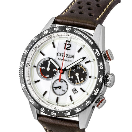 Citizen Eco-Drive Chronograph Analog Braunes Lederarmband Weißes Zifferblatt Solar CA4714-04A 100M Herrenuhr