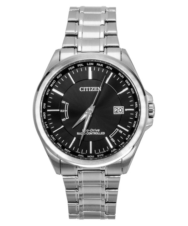 Citizen Eco-Drive Funkuhr, Edelstahl, schwarzes Zifferblatt, CB0250-84E, 100 m, Herrenuhr