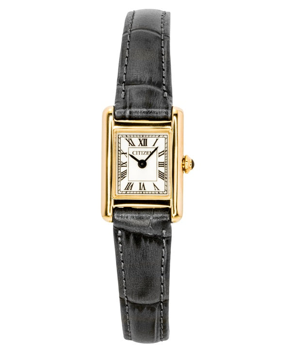 Citizen Damenuhr mit analogem Lederarmband, silbernem Zifferblatt und Eco-Drive-Antrieb (EG2799-18W)