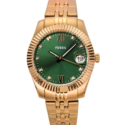 Fossil Scarlette Roségoldfarbene Edelstahl-Quarzuhr mit grünem Zifferblatt ES5369 für Damen
