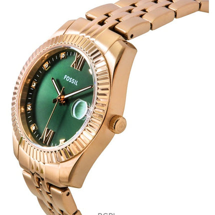 Fossil Scarlette Roségoldfarbene Edelstahl-Quarzuhr mit grünem Zifferblatt ES5369 für Damen