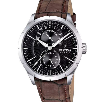Festina Retro Lederarmband Multifunktions schwarzes Zifferblatt Quarz F16573-4 Herrenuhr