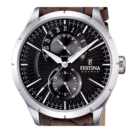 Festina Retro Lederarmband Multifunktions schwarzes Zifferblatt Quarz F16573-4 Herrenuhr