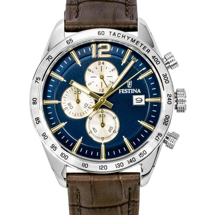 Festina Chronograph Herrenuhr mit Lederarmband, blauem Zifferblatt und Quarzwerk, Modell F16760-7