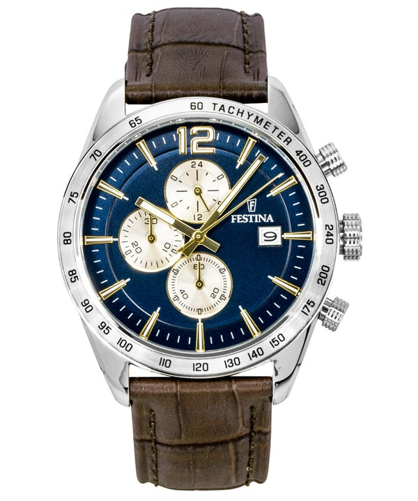 Festina Chronograph Herrenuhr mit Lederarmband, blauem Zifferblatt und Quarzwerk, Modell F16760-7